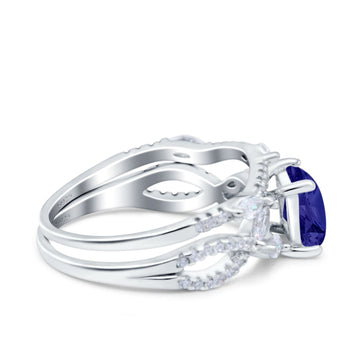 Two Piece Bridal Ring Art Deco Princess Cut Engagement Simulated Blue Sapphire CZ 925 Sterling Silver